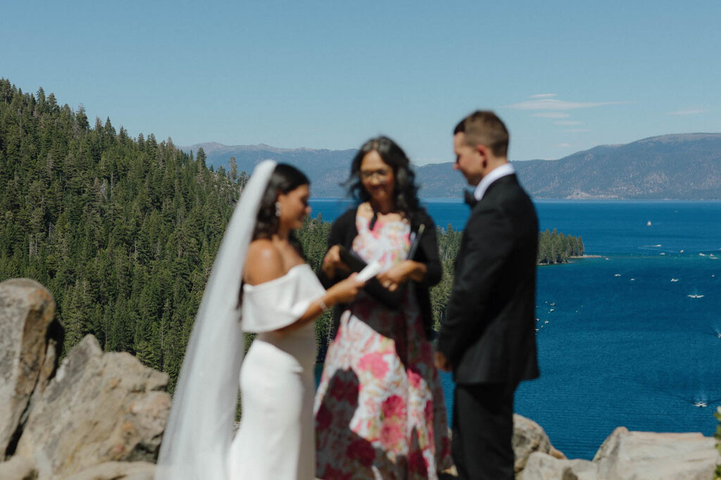 Wedding guests become emotional while watching the couple’s intimate Emerald Bay ceremony