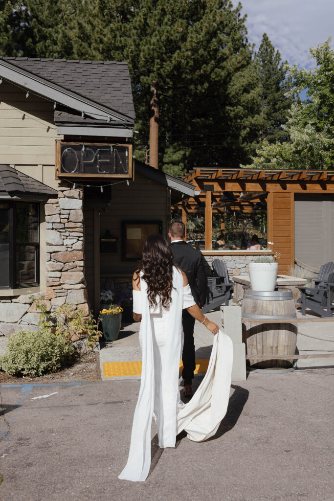 The bride and groom arrive at Primo’s in South Lake Tahoe for their wedding reception