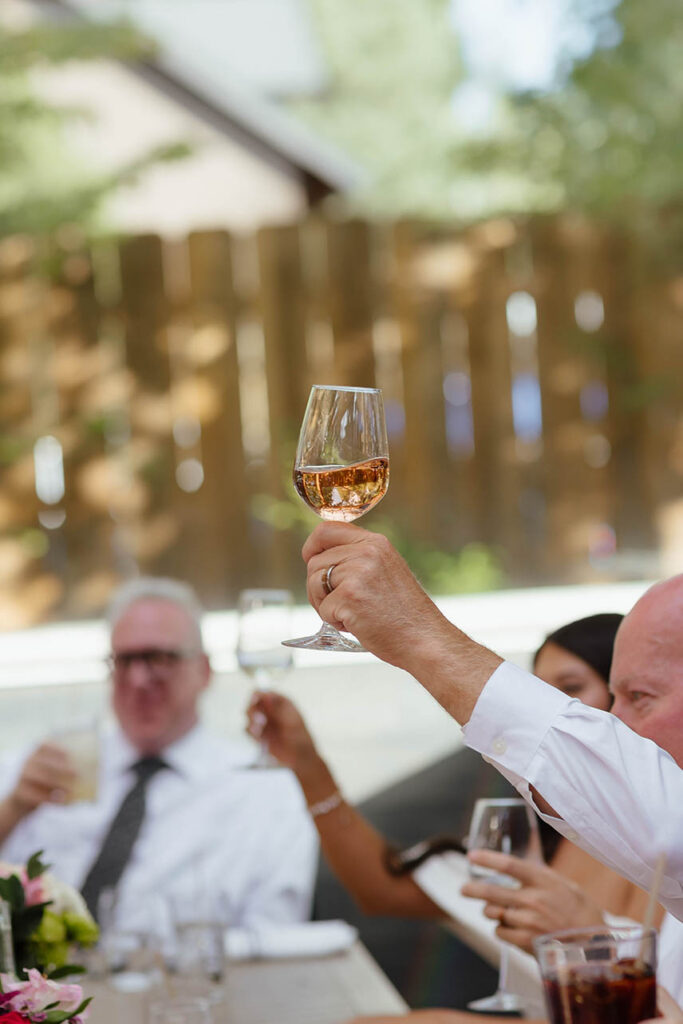 Wedding guests raise their glasses for a toast celebrating the bride and groom