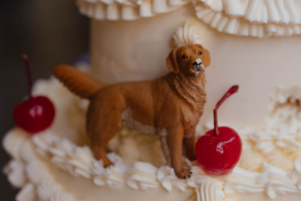 Golden retriever cake topper posed beside cherries and a playful bite mark in the wedding cake