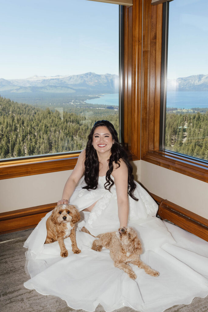 Bride sitting with two small dogs and a beautiful Lake Tahoe view behind her