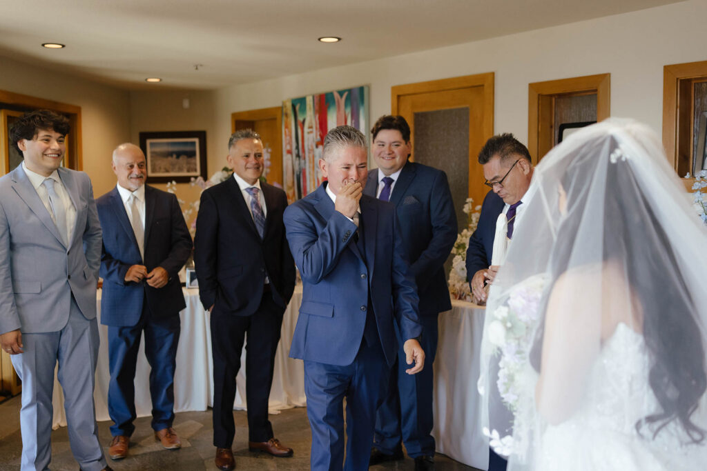 Bride greeting emotional family members before her Tahoe Blue Estate wedding ceremony
