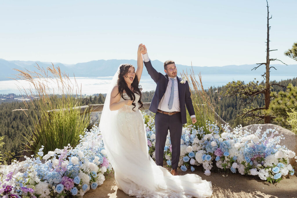 Newlywed bride and groom celebrating after their Tahoe Blue Estate wedding ceremony