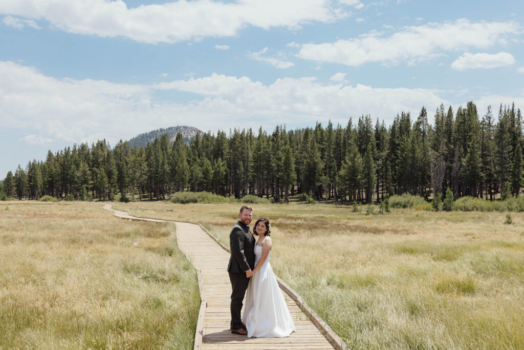 Bride and groom holding hands on a winding boardwalk surrounded by meadow grasses and pine trees