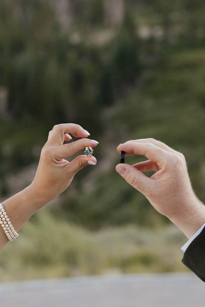 Bride and groom holding up a blue gemstone ring and a black wedding band against a softly blurred forest background