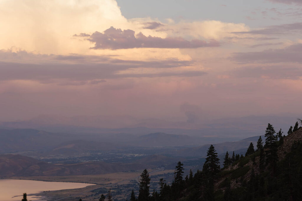 Pink and gold sunset clouds over distant mountains and a valley, viewed from Winters Creek Lodge with pine trees in the foreground